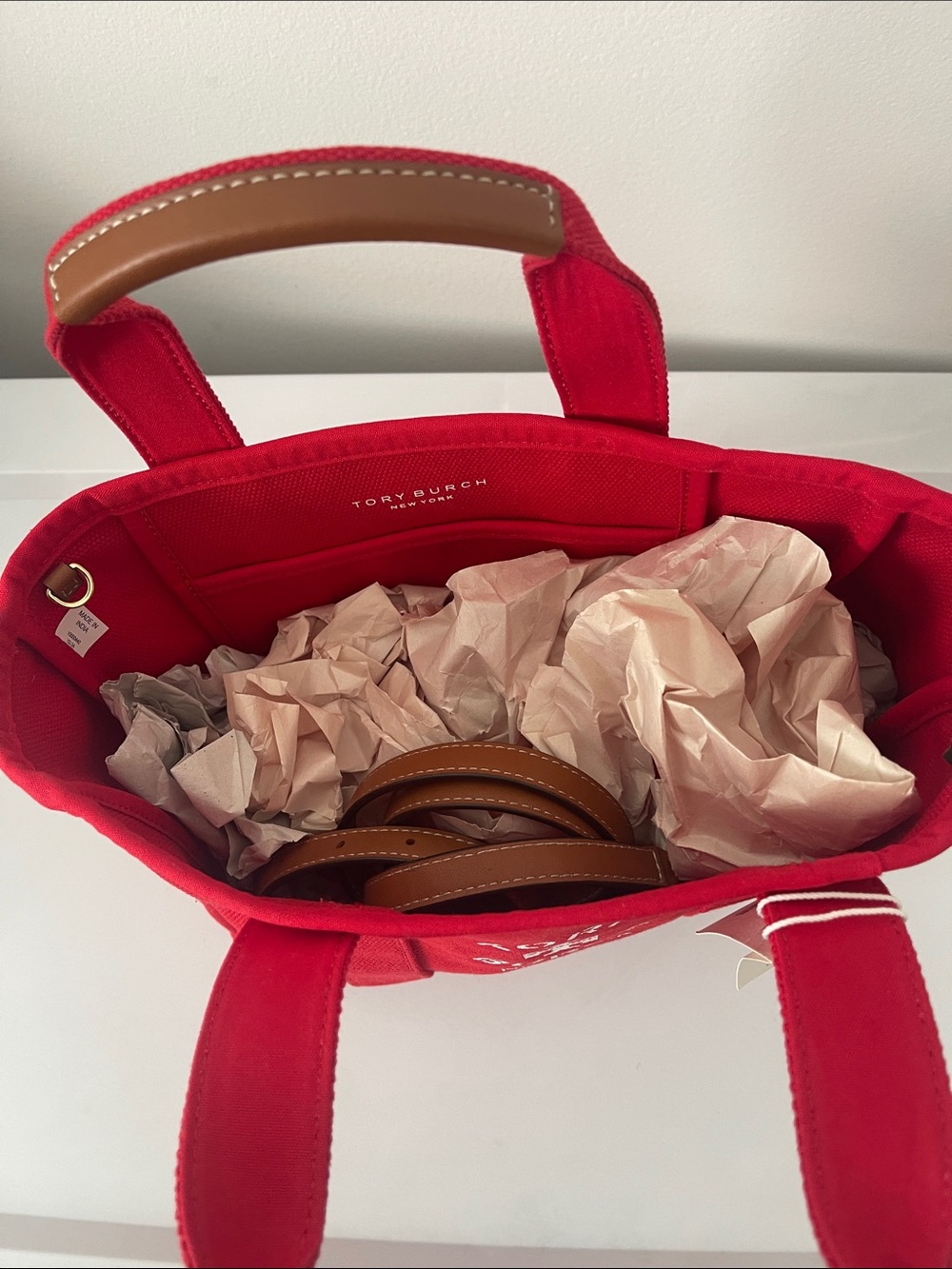 Tory Burch Small Red Canvas Tote with Logo Patch - Picture 3 of 5